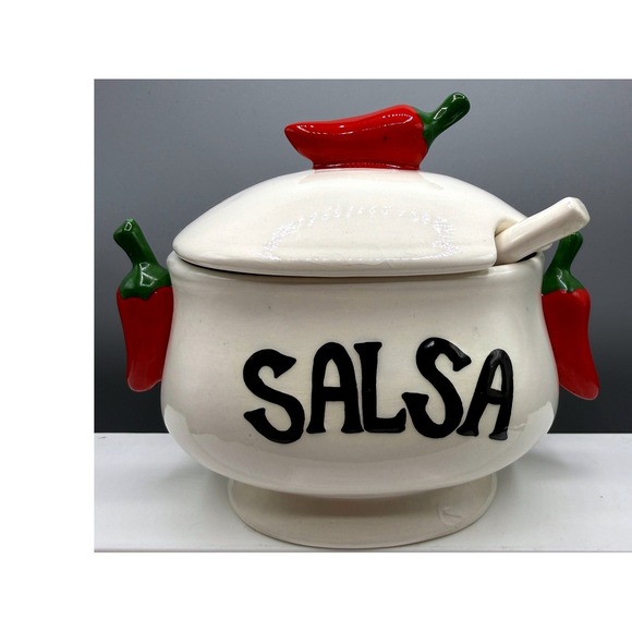 Unbranded Other - Ceramic Salsa Bowl with Lid and Spoon Red Chili Pepper Handles White Glossy